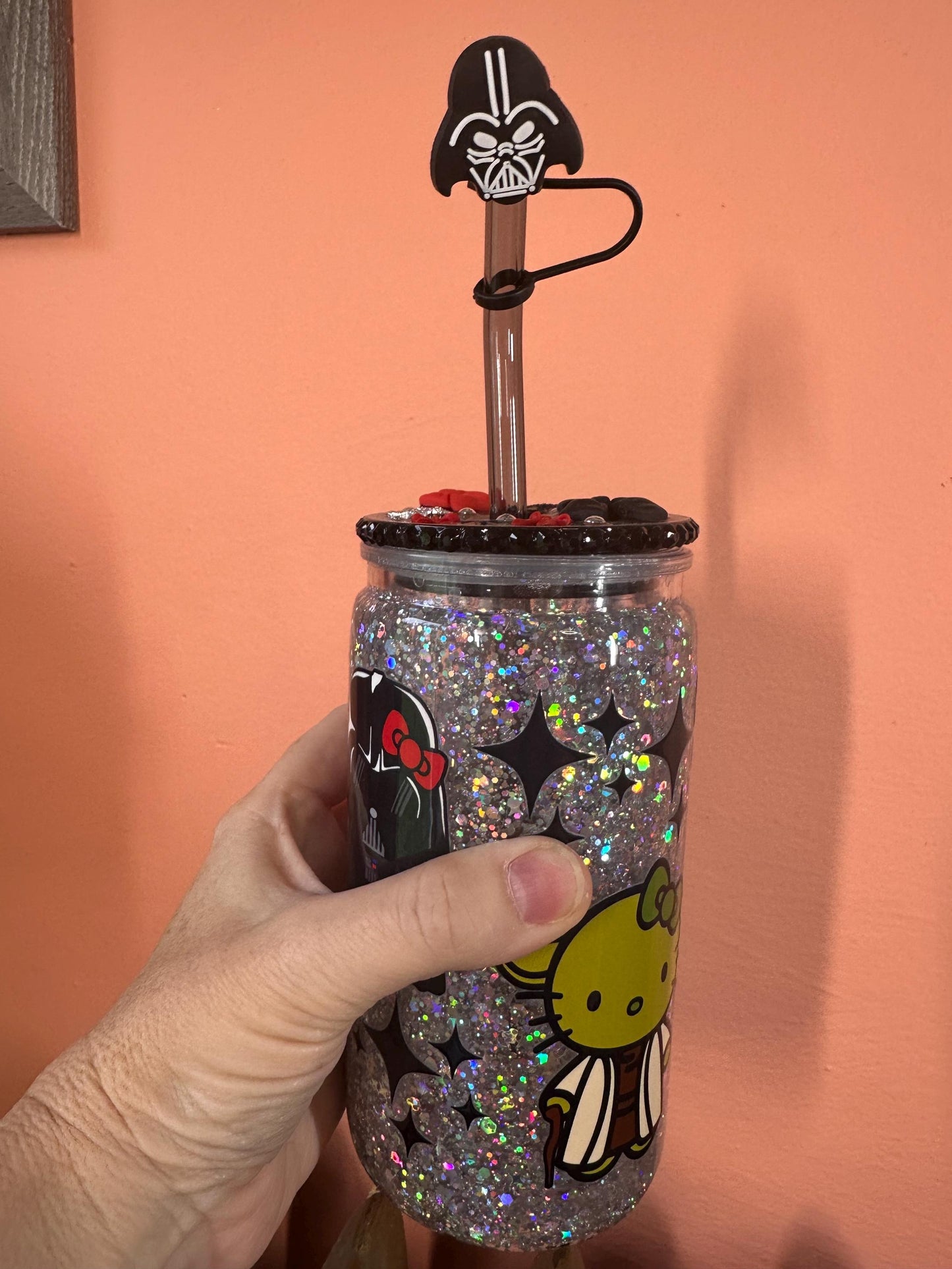HK Space Characters Snowglobe Cup 16oz with Custom Lid, Glass Straw and Straw Topper