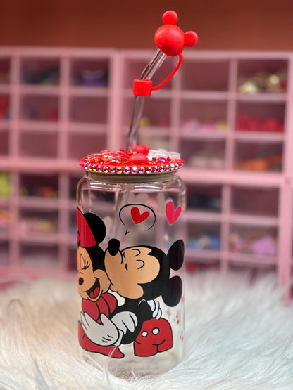Magical Mouse Love Glass Can 16oz with Custom Lid, Glass Cup 16oz with Custom Lid