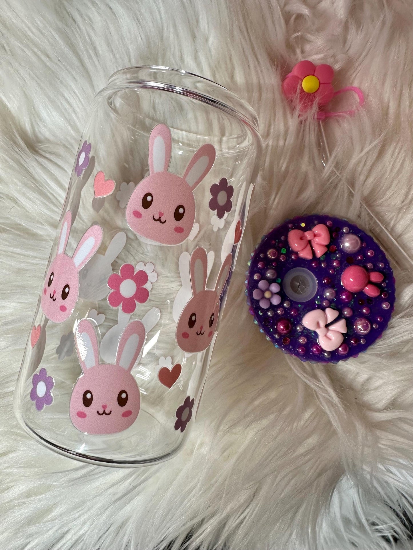 Adorable Easter Bunny Spring Glass Can 16oz with Custom Lid, Glass Cup 16oz with Custom Lid