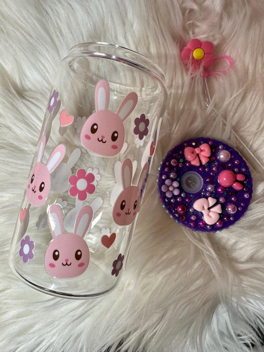 Adorable Easter Bunny Spring Glass Can 16oz with Custom Lid, Glass Cup 16oz with Custom Lid