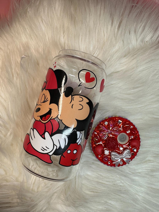 Magical Mouse Love Glass Can 16oz with Custom Lid, Glass Cup 16oz with Custom Lid