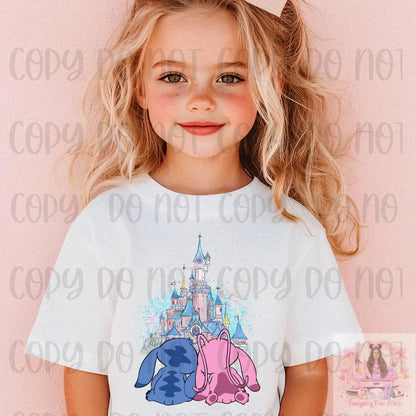 Pink and Blue Alien Couple Castle Kids Shirt