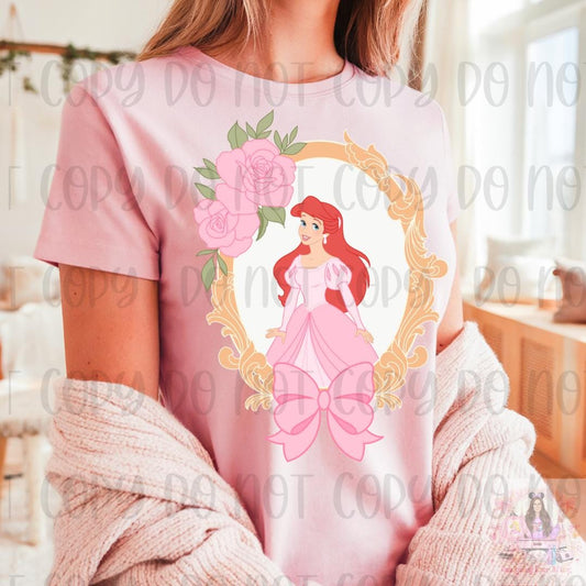 Red Head Mermaid Princess Coquette Frame Bow Shirt