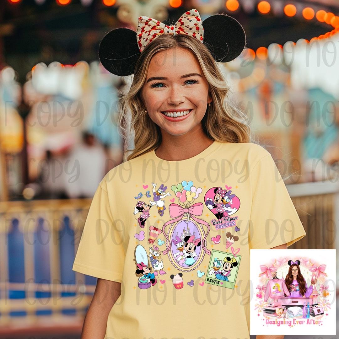 Coquette Locket and Charm Bracelet Bow Magical Mouse and Duck Besties Shirt