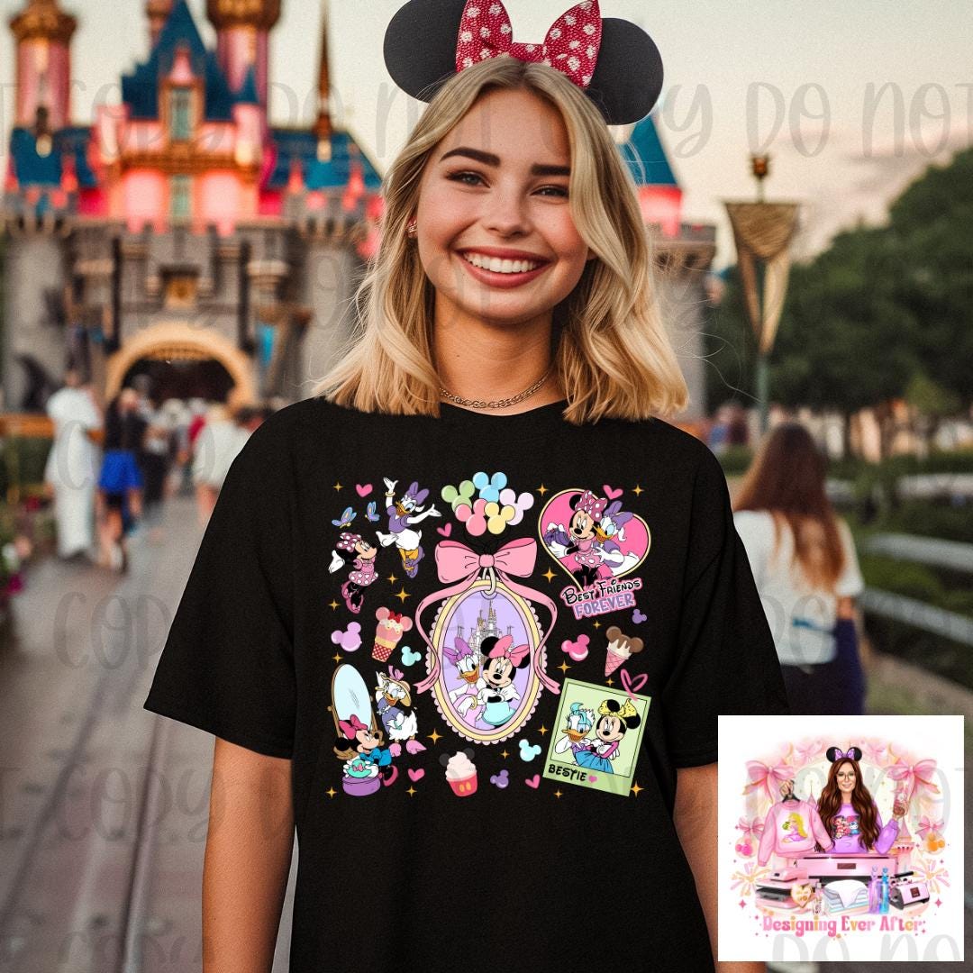 Coquette Locket and Charm Bracelet Bow Magical Mouse and Duck Besties Shirt