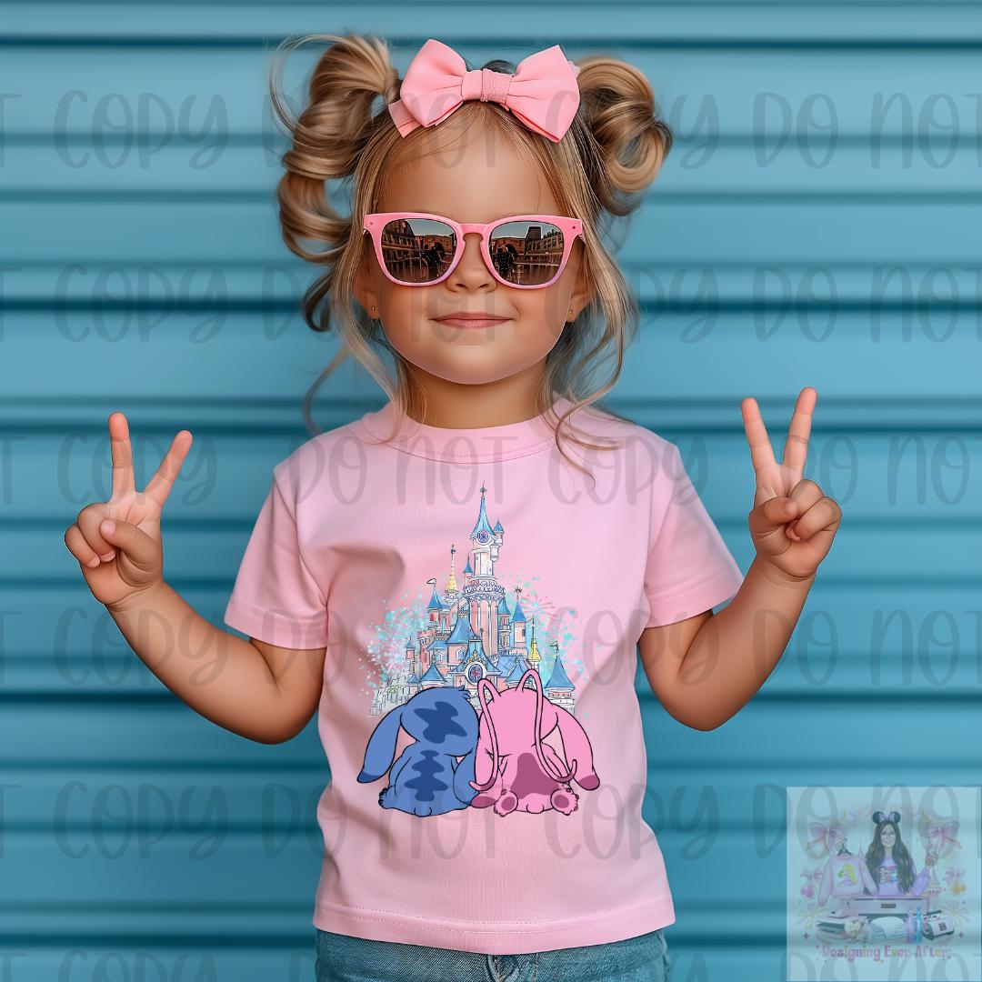 Pink and Blue Alien Couple Castle Kids Shirt