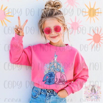 Pink and Blue Alien Couple Castle Kids Shirt