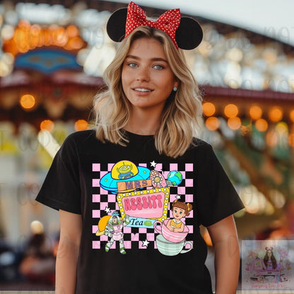 Retro Checkered Space Man Toy Mrs. Nesbitt’s Tea Shirt