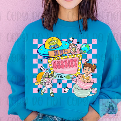 Retro Checkered Space Man Toy Mrs. Nesbitt’s Tea Shirt