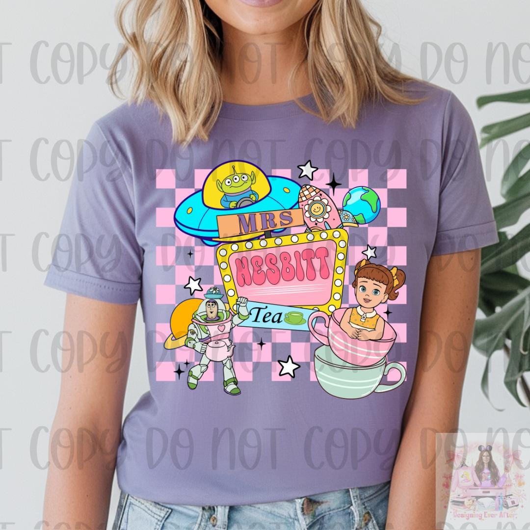 Retro Checkered Space Man Toy Mrs. Nesbitt’s Tea Shirt