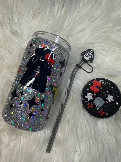 HK Space Characters Snowglobe Cup 16oz with Custom Lid, Glass Straw and Straw Topper