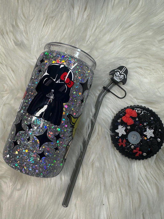 HK Space Characters Snowglobe Cup 16oz with Custom Lid, Glass Straw and Straw Topper