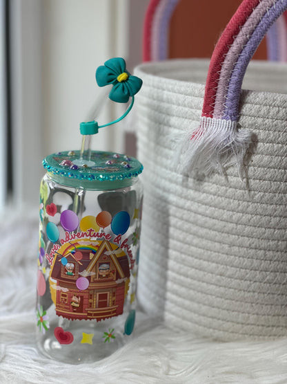 Love, Adventure and Friends 16oz Libbey Glass Can Cup with custom lid and glass straw w/ topper