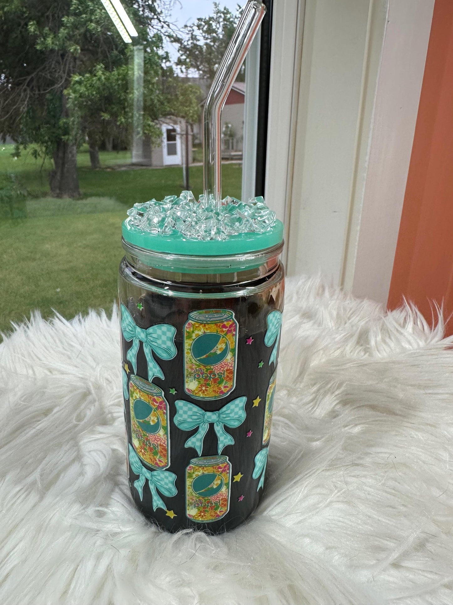 Diet Pop Soda Snowglobe Acrylic Cup 16oz with Custom Lid and Glass Straw