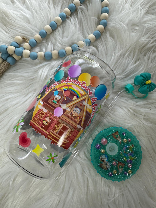 Love, Adventure and Friends 16oz Libbey Glass Can Cup with custom lid and glass straw w/ topper