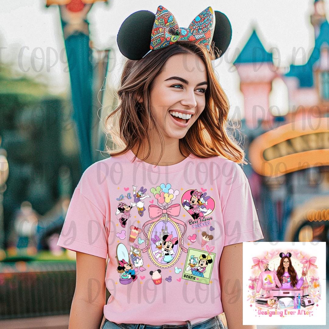 Coquette Locket and Charm Bracelet Bow Magical Mouse and Duck Besties Shirt